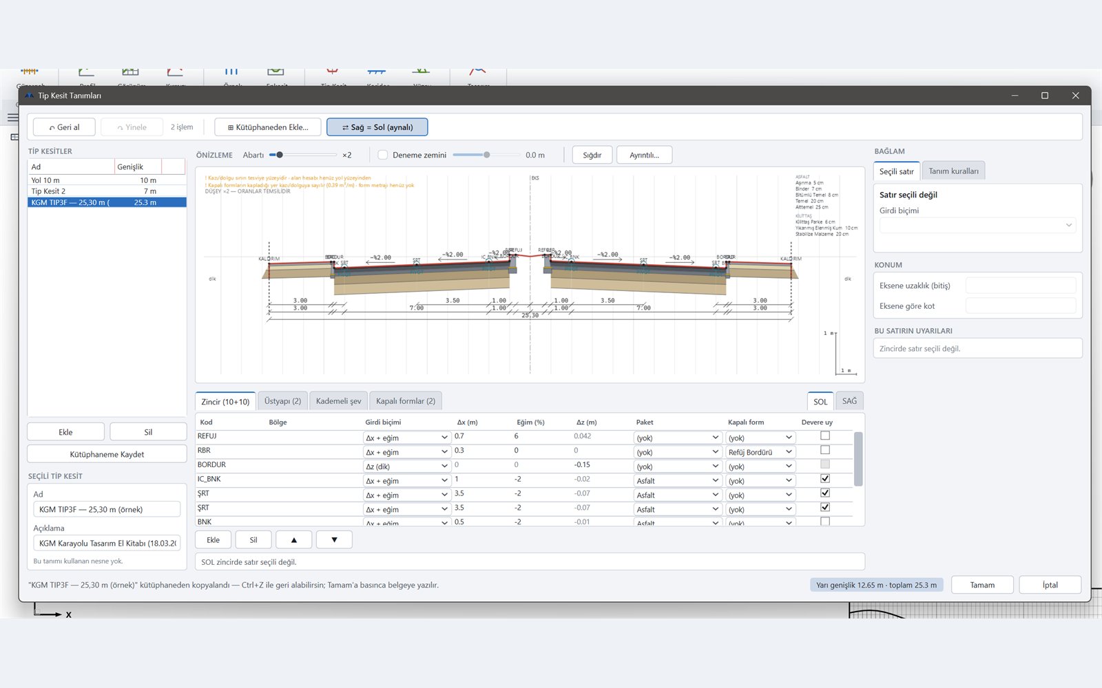 ATA CAD'de tip kesit tanımlama penceresi